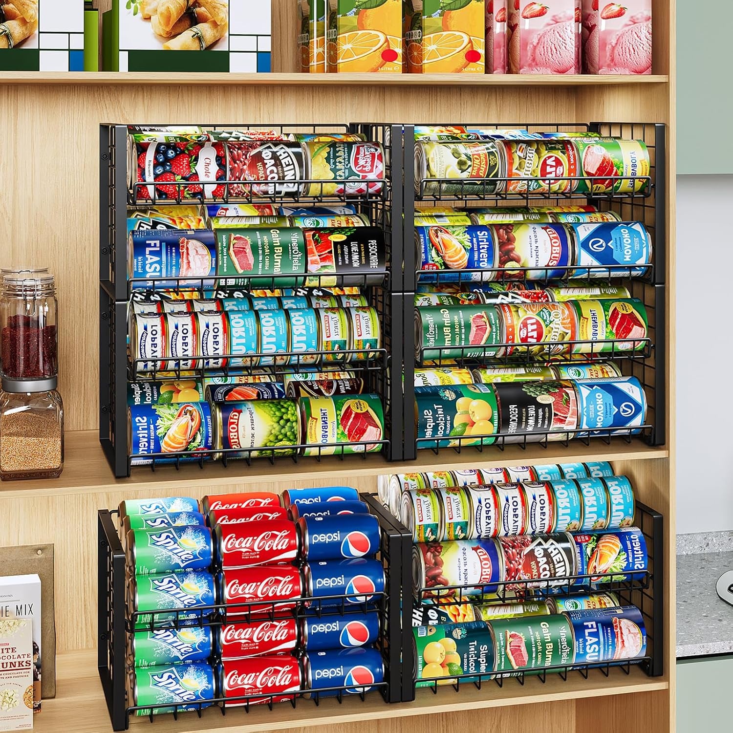 2-Tier Stackable Can Rack Organizer for Pantry, Adjustable Can Dispenser Holds up to 60 Cans, Can Storage Holder for Various Ounces of Canned Food Soda Drinks, Black, 2 Pack