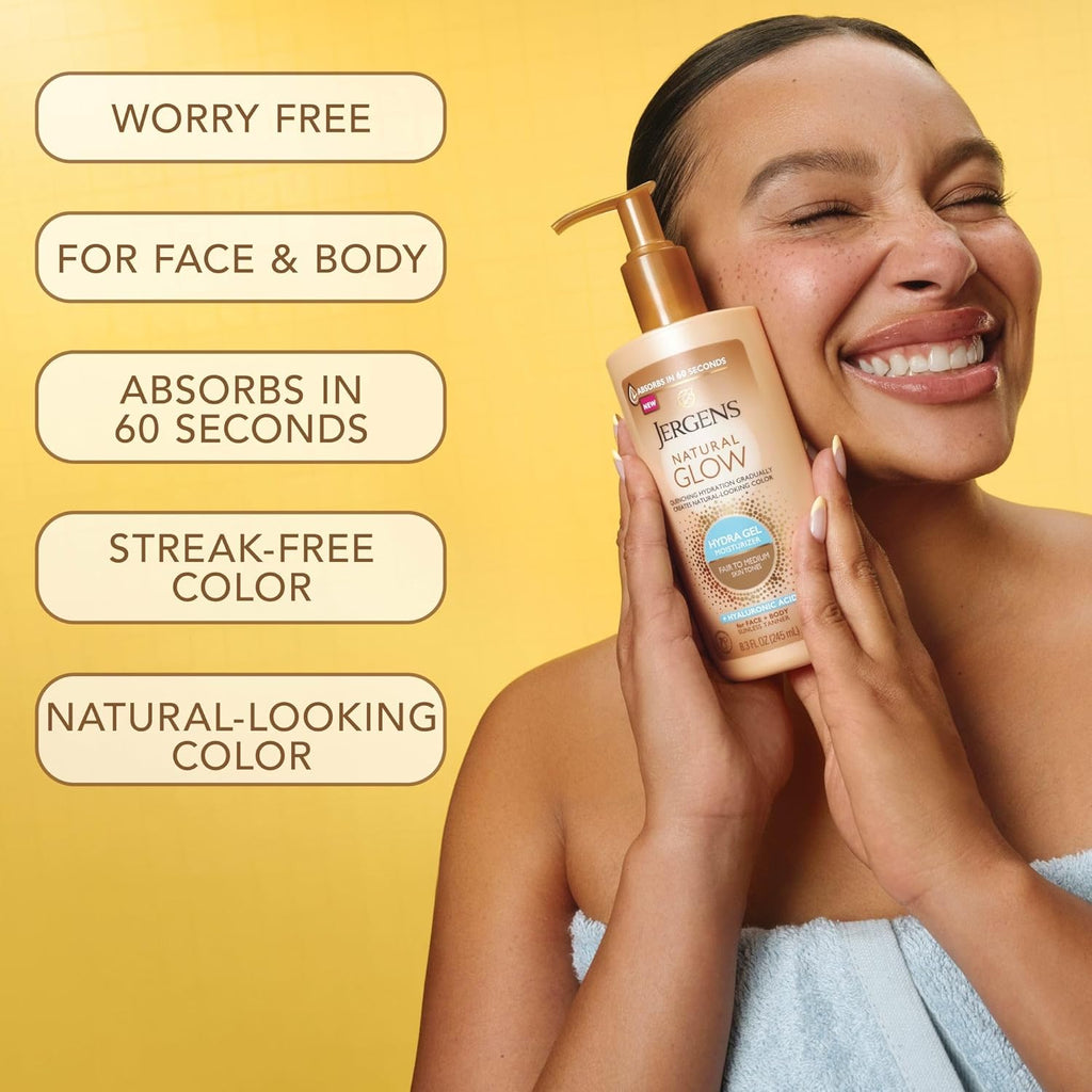 Natural Glow Hydra Gel Moisturizer, Gradual Tanning Lotion with Hyaluronic Acid, Hydrating Tanning Gel, Fragrance-Free Self Tanner, Fair to Medium Skin Tone, 8.3 Fl Oz
