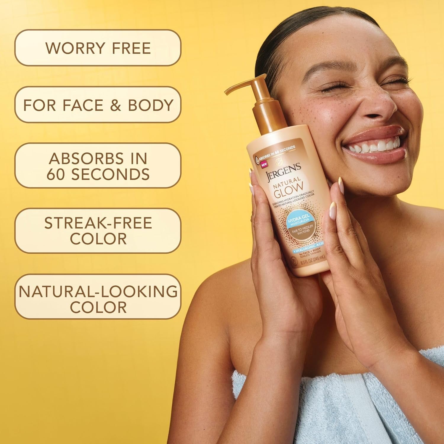 Natural Glow Hydra Gel Moisturizer, Gradual Tanning Lotion with Hyaluronic Acid, Hydrating Tanning Gel, Fragrance-Free Self Tanner, Fair to Medium Skin Tone, 8.3 Fl Oz