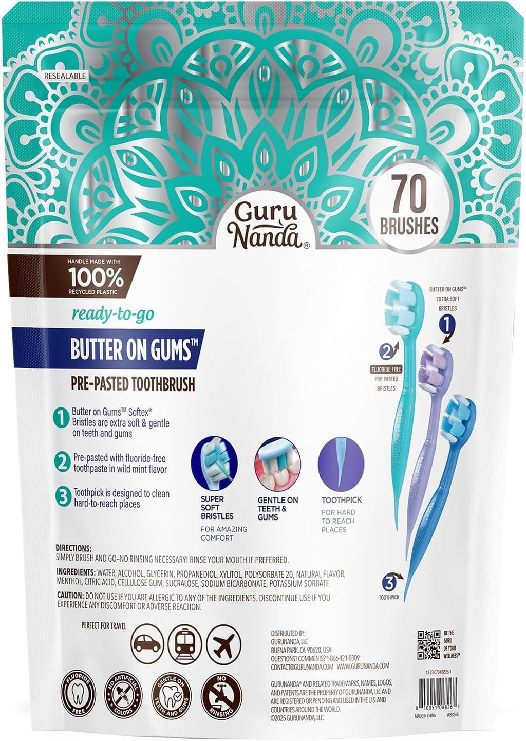 Ready-To-Go Disposable Mini Travel Toothbrush - Butter on Gums Softex Bristles, Prepasted Toothbrush & Toothpick - Fluoride-Free, No Rinsing Needed, Individually Wrapped, 70 Ct