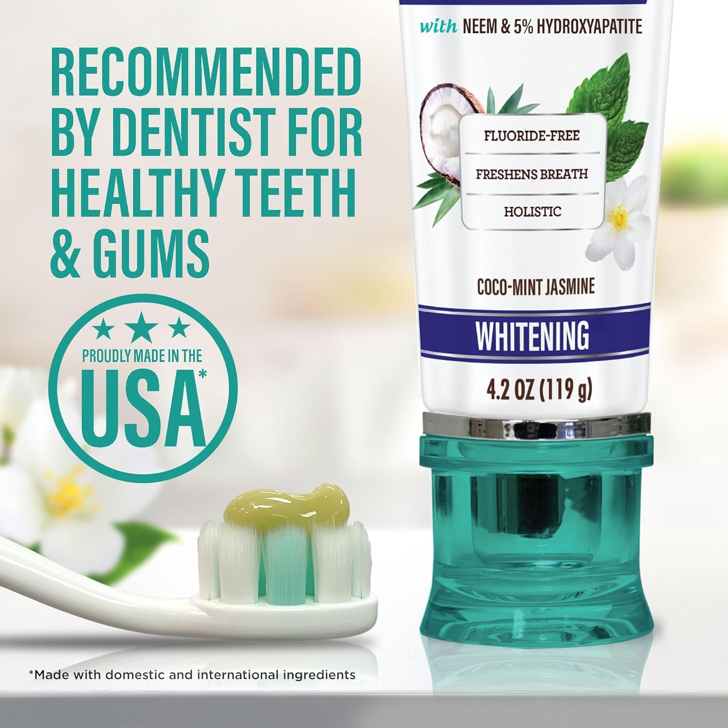 Hydroxyapatite Toothpaste for Whitening with Neem & Xylitol, SLS & Fluoride Free Formula with Tongue Scraper & Squeezer - Freshens Breath, Fights Plaque - Natural Cocomint Jasmine, 4.2Oz