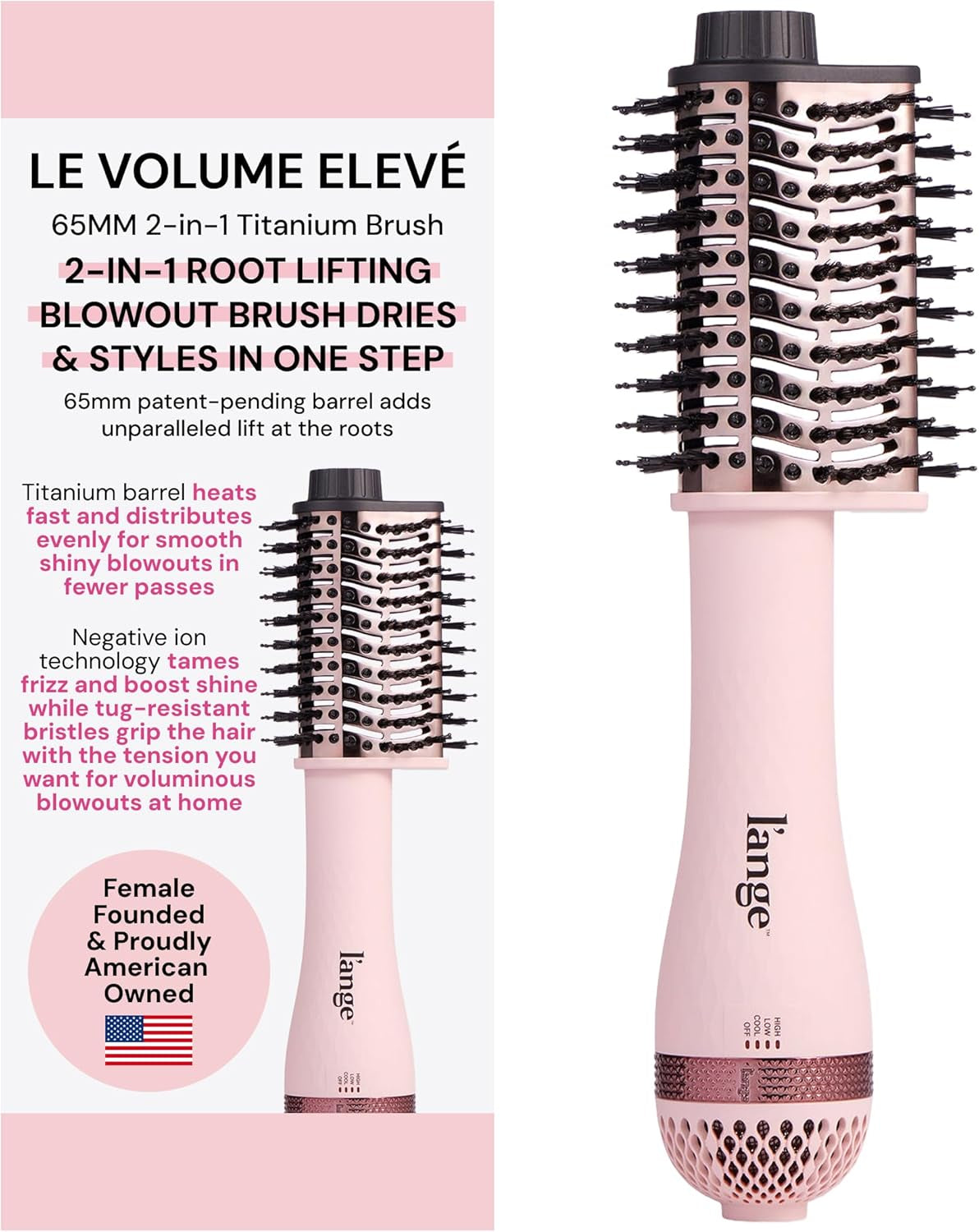 Le Volume Elevé 65MM 2-In-1 Titanium Brush Dryer | Dry and Style | Unique Teardrop Shape Barrel | 3 Heat Settings | 360° Vented Airflow | Ionic Technology for Frizz-Free Styling (Blush)