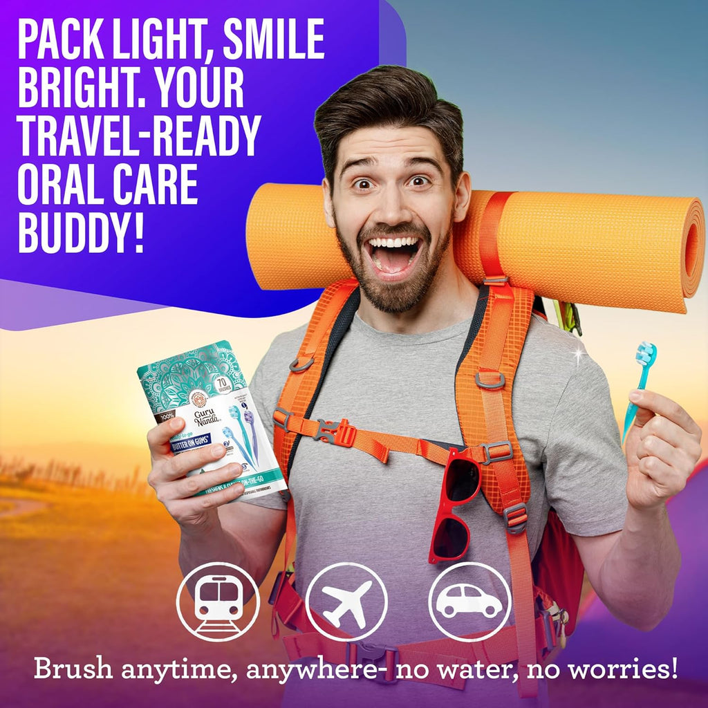 Ready-To-Go Disposable Mini Travel Toothbrush - Butter on Gums Softex Bristles, Prepasted Toothbrush & Toothpick - Fluoride-Free, No Rinsing Needed, Individually Wrapped, 70 Ct