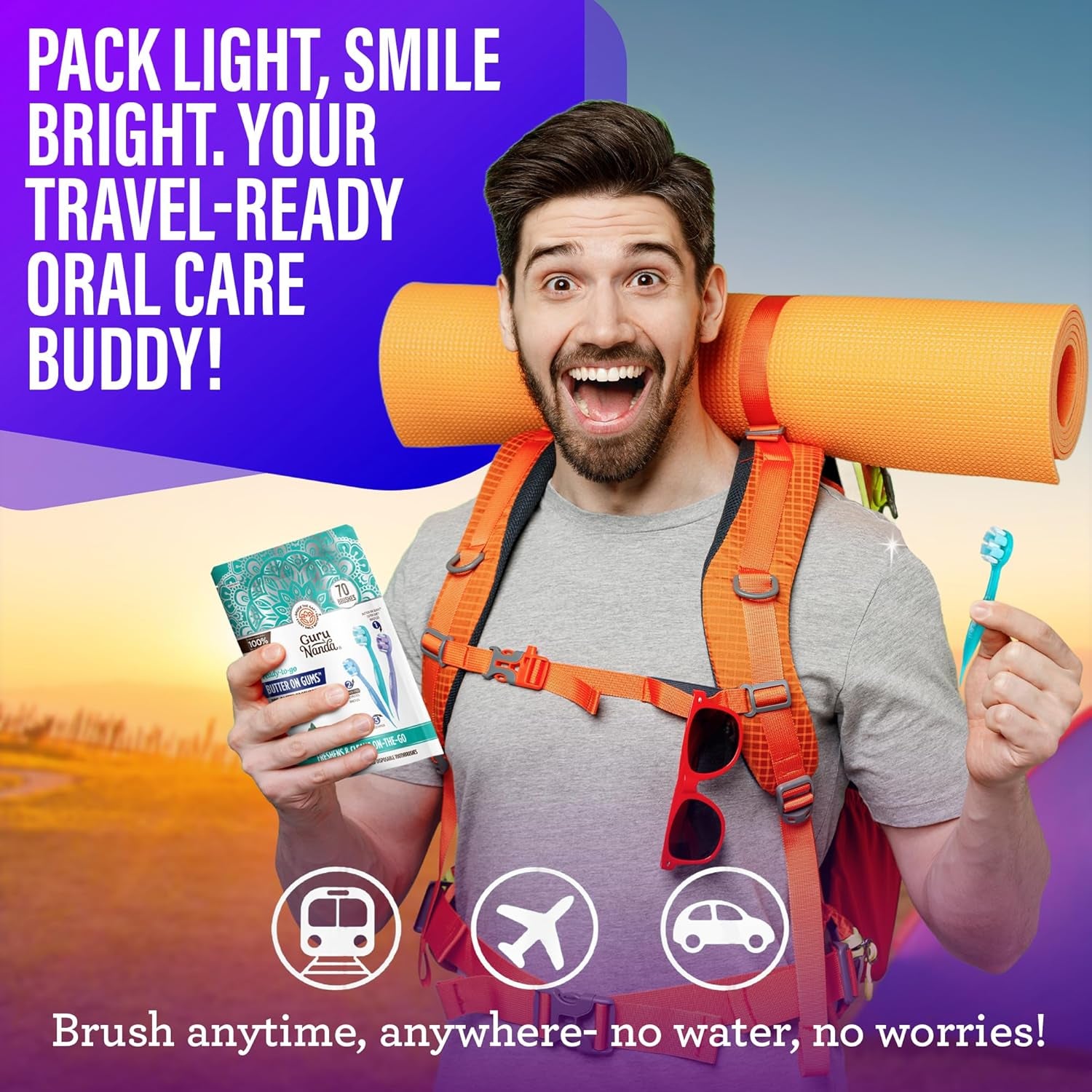 Ready-To-Go Disposable Mini Travel Toothbrush - Butter on Gums Softex Bristles, Prepasted Toothbrush & Toothpick - Fluoride-Free, No Rinsing Needed, Individually Wrapped, 70 Ct