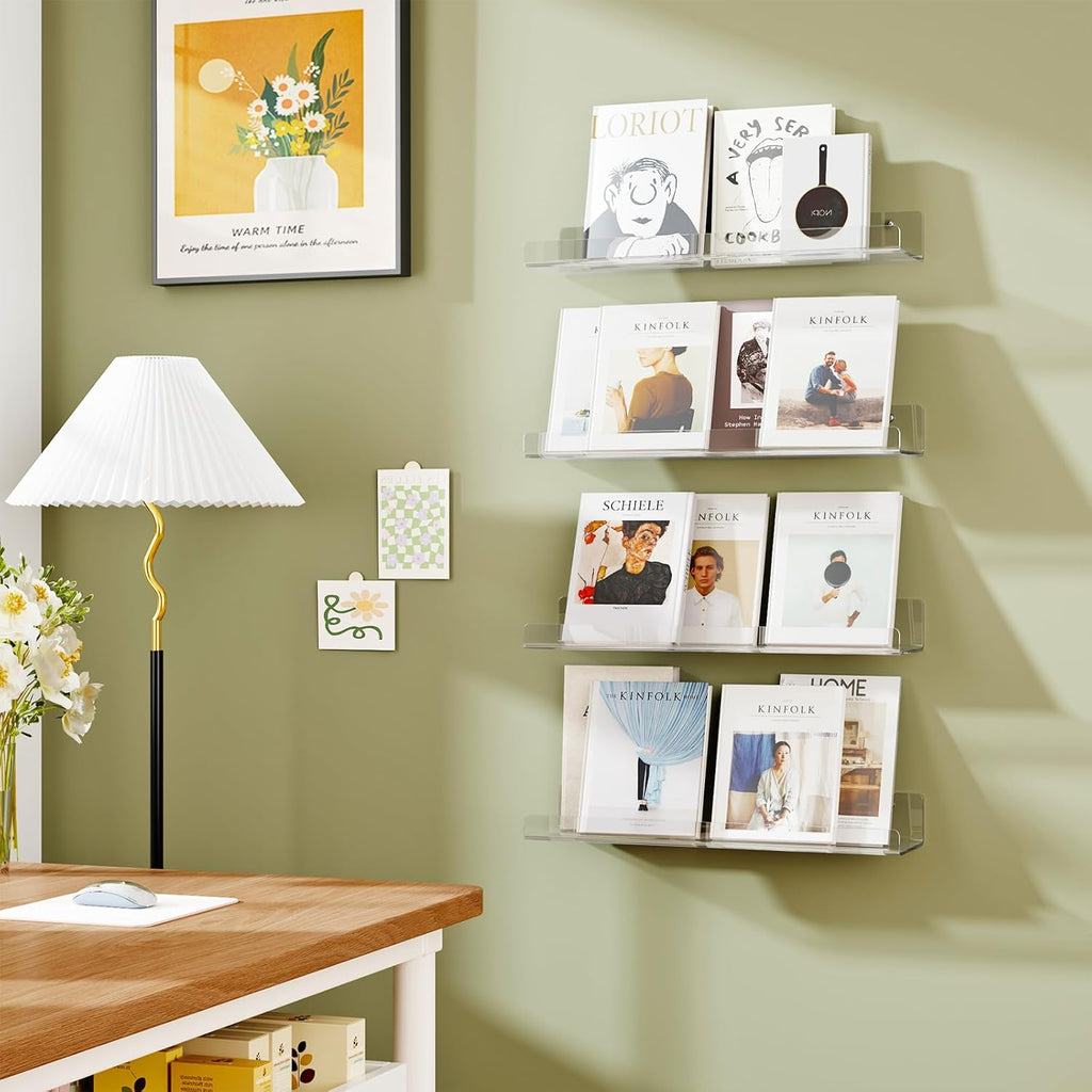 6 Pack Floating Shelves for Wall, 15" Clear Book Shelf, Acrylic Floating Wall Shelf, Display Shelves Organizer for Bathroom, Classroom, Bedroom, Living Room, Kitchen, Room Decor