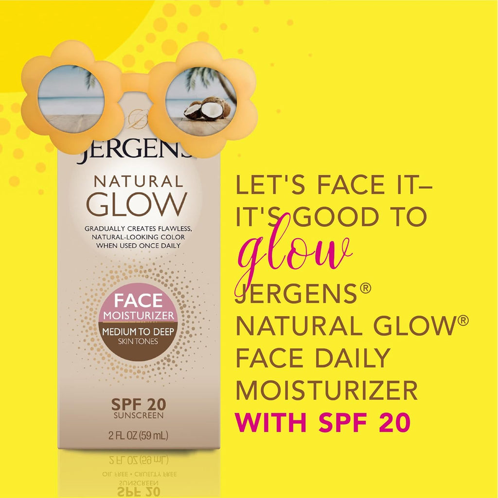 Natural Glow Self Tanner Face Moisturizer with SPF 20 Facial Sunscreen, Medium to Deep Skin Tone, Sunless Tanning, Oil Free, Broad Spectrum Protection UVA and UVB, 2 Oz (Packaging May Vary)