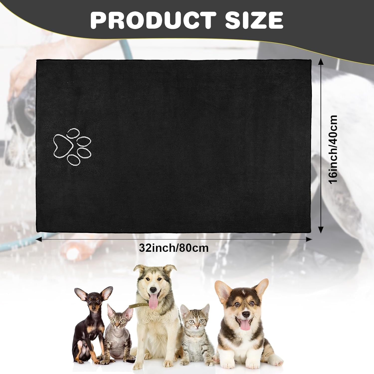 4 Pack Dog Towels for Drying Large Microfiber Grooming Tools Absorbent Soft Bath Supplies with Embroidered Paw for Small Medium Pet Products(16 X 32 Inch,Black)