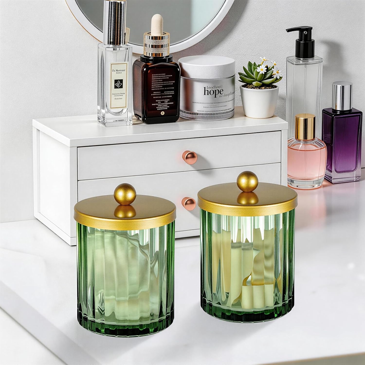 Sage Green Glass Qtip Holder Dispenser, Bathroom Canister Apothecary Jar for Cotton Swabs, Cotton Balls, round Pads, Floss Picks, Countertop Storage Organizer Container for Vanity,Gold 2 Pack