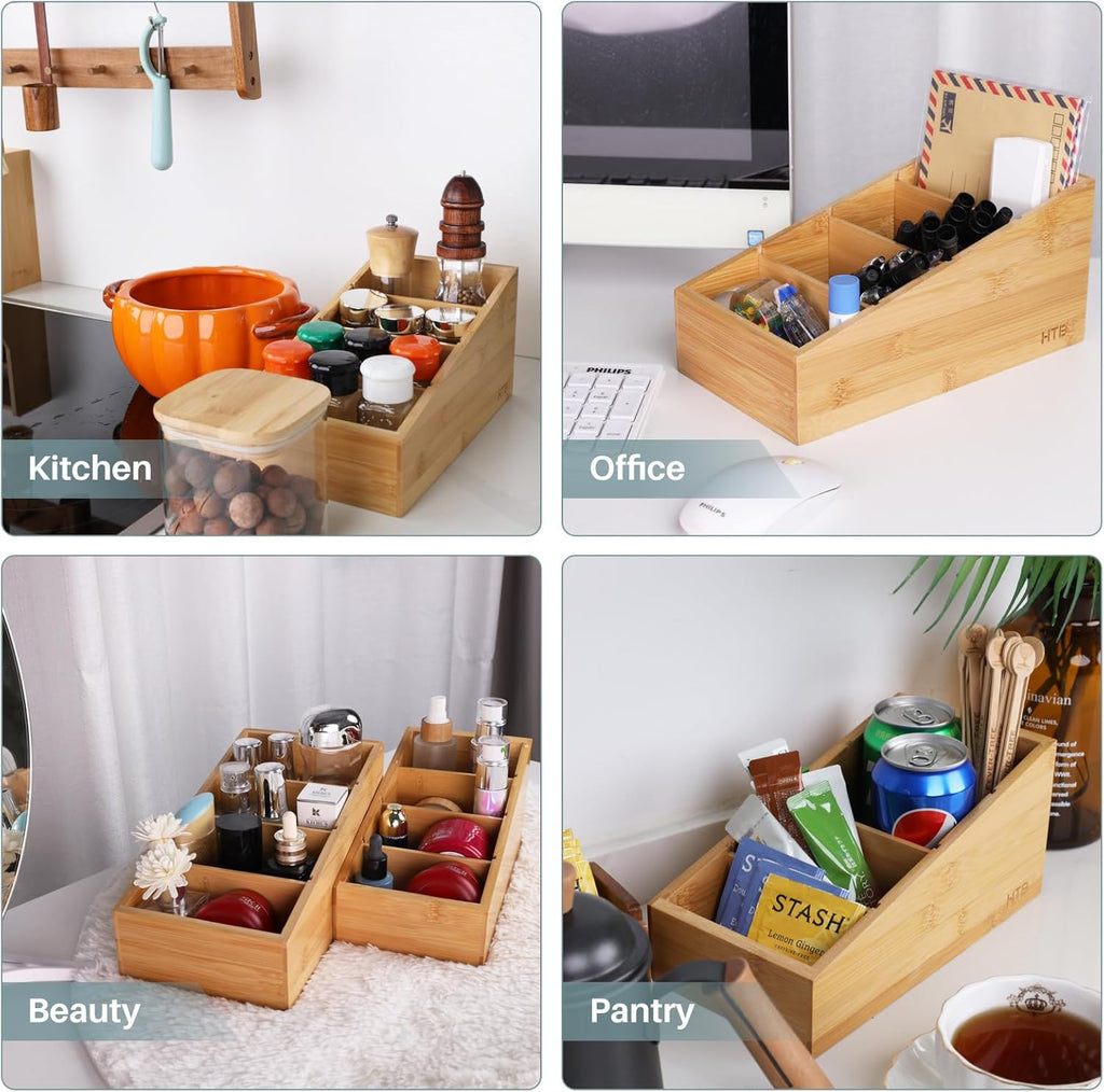 4-Section Snack Organizer with Removable Dividers for Kitchen, Cabinet, Office, Countertop, 2 Pack Bamboo Pantry Storage Organization for Spice Packets, Seasoning Pouches, Coffee Pods