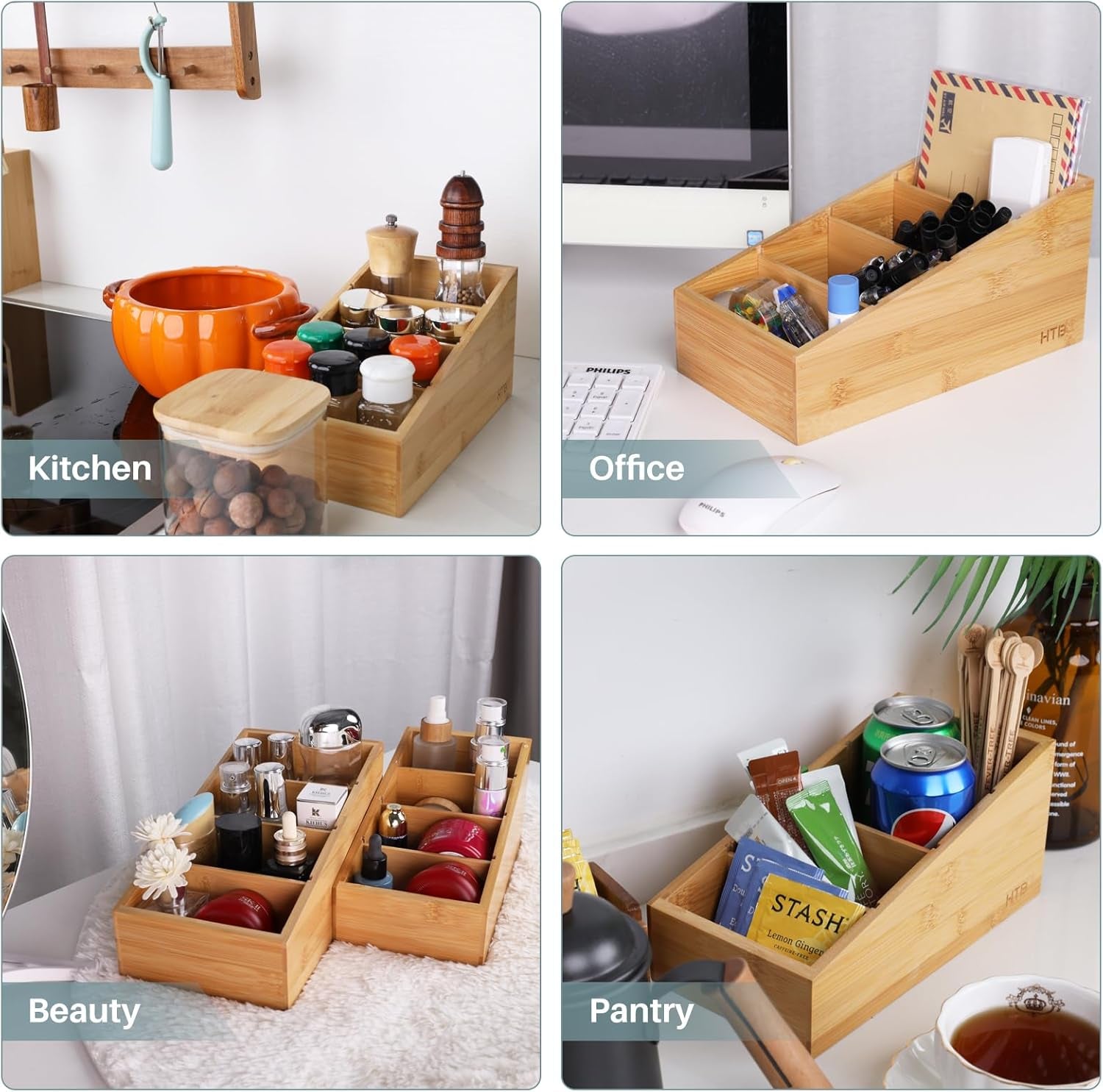 4-Section Snack Organizer with Removable Dividers for Kitchen, Cabinet, Office, Countertop, 2 Pack Bamboo Pantry Storage Organization for Spice Packets, Seasoning Pouches, Coffee Pods