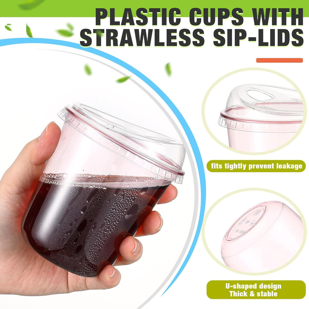 50 Sets Clear Plastic Coffee Cups with Sip Lids, Disposable Plastic PET Crystal Cups for Iced Coffee, Smoothie, Cold Beverage, Drink Shops and Party Catering (Clear Pink,14 Oz)