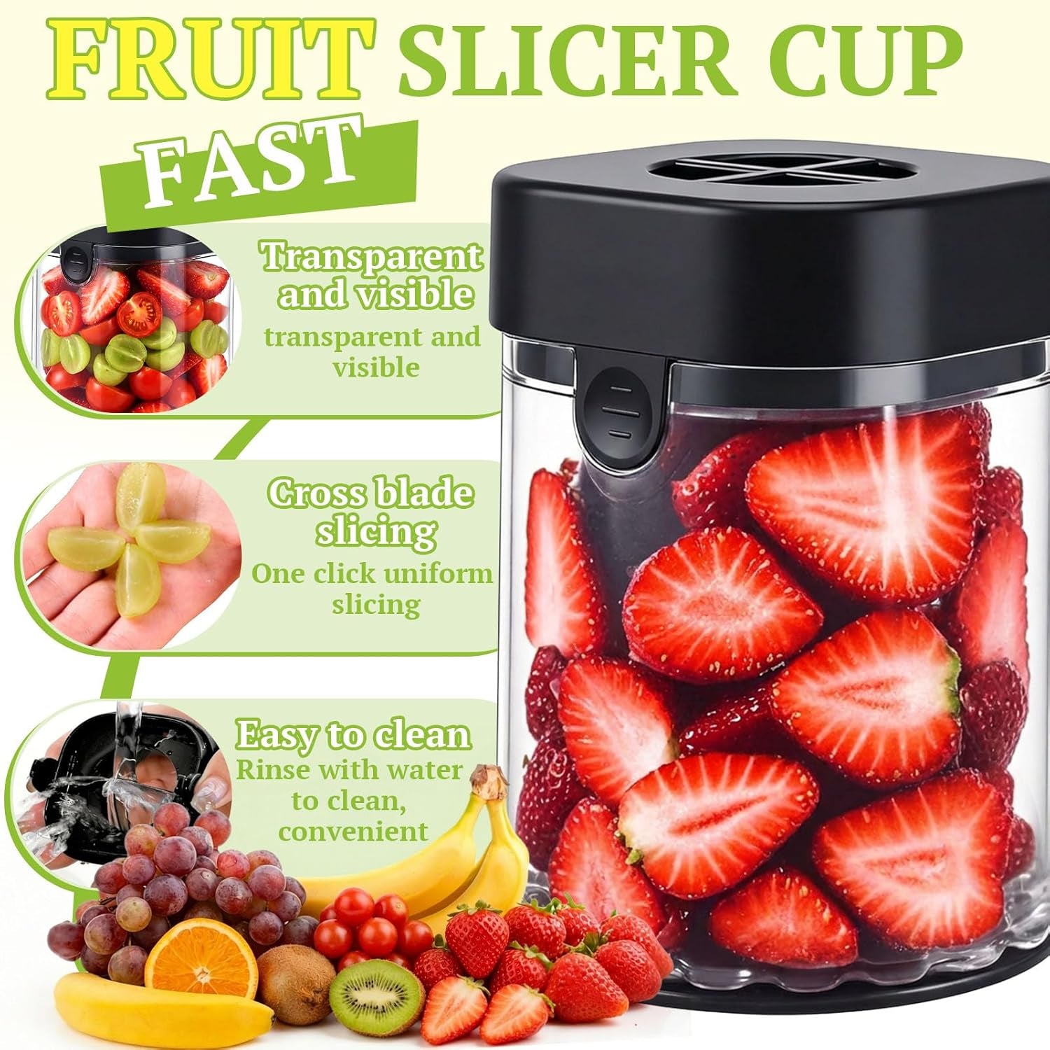Fruit Slicer Cup, Strawberry Slicer Grape Cutter Cup with Stainless Steel Blades, Egg Slicer Kitchen Gadgets Speed Cutters for Banana Grape Egg