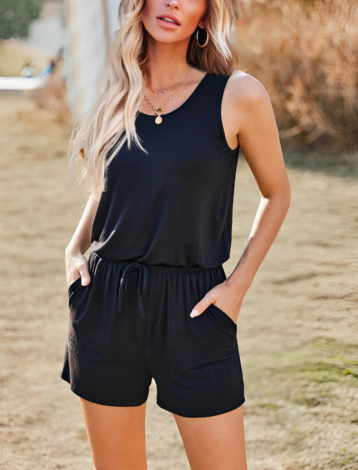 Rompers for Women Summer Sleeveless Scoop Neck Tank Top Casual Short Jumpsuit Rompers with Pockets