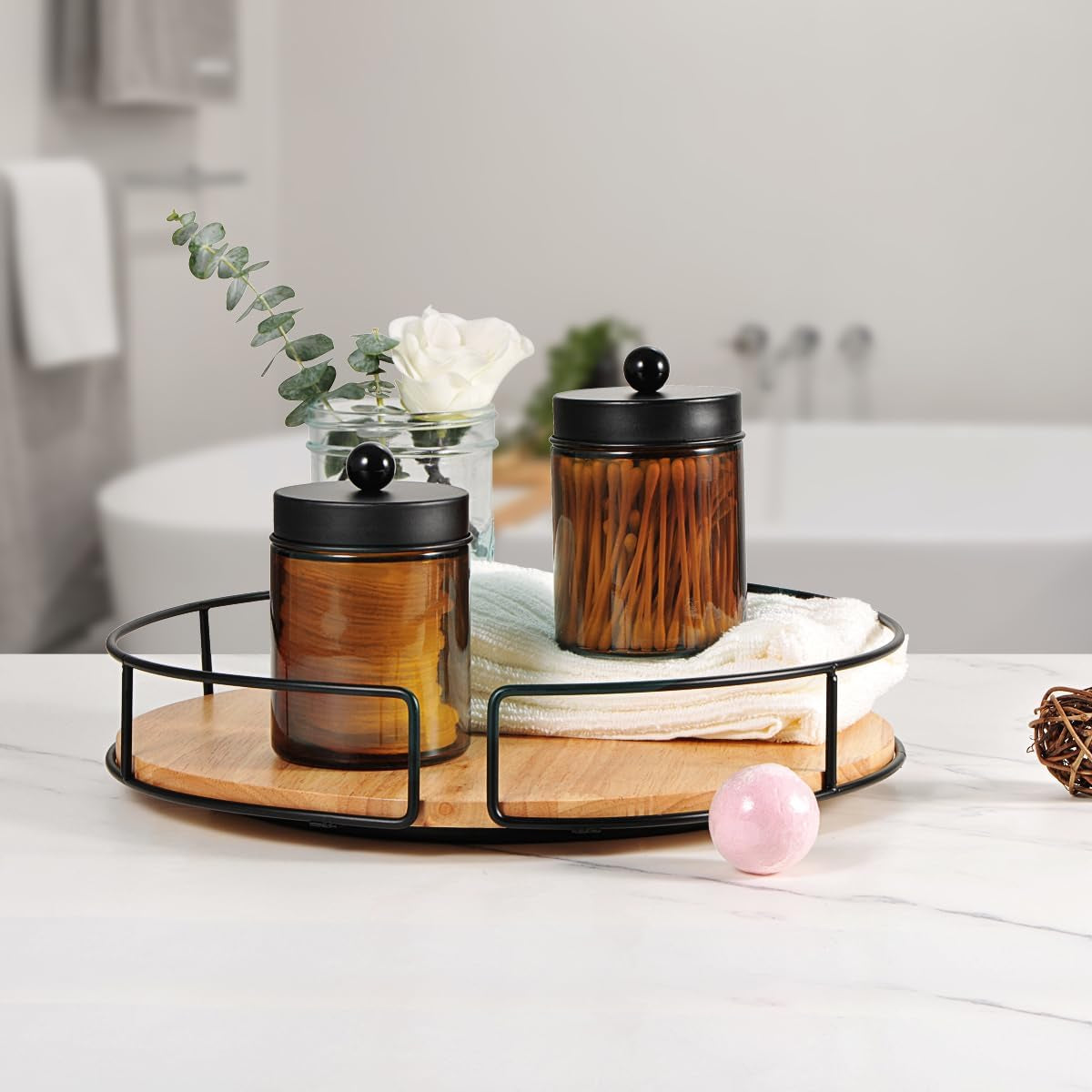 Amber Glass Qtip Holder, Apothecary Jars with Matte Black Metal Lid & Stickers-Bathroom Qtip Dispenser Storage Organizer Set,Vanity Counter Canister for Cotton Swabs,Round Pads,Floss (2 Pack)