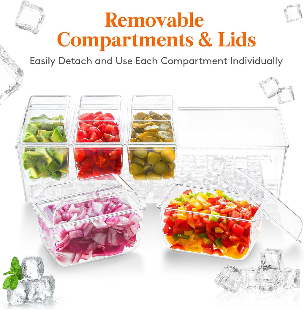 Taco Bar Serving Set for Party with 5 X 20 Oz Containers & Components, Ice Chilled Condiment Caddy Organizer, Garnish Serving Tray Platter for Mimosa Bar Accessories, Fruit, Salad, Food