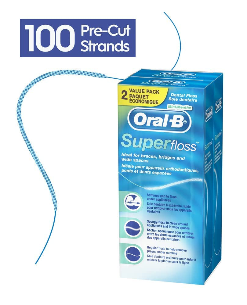 Dental Floss for Braces, Super Floss Pre-Cut Strands, Mint, 50 Count, Pack of 2