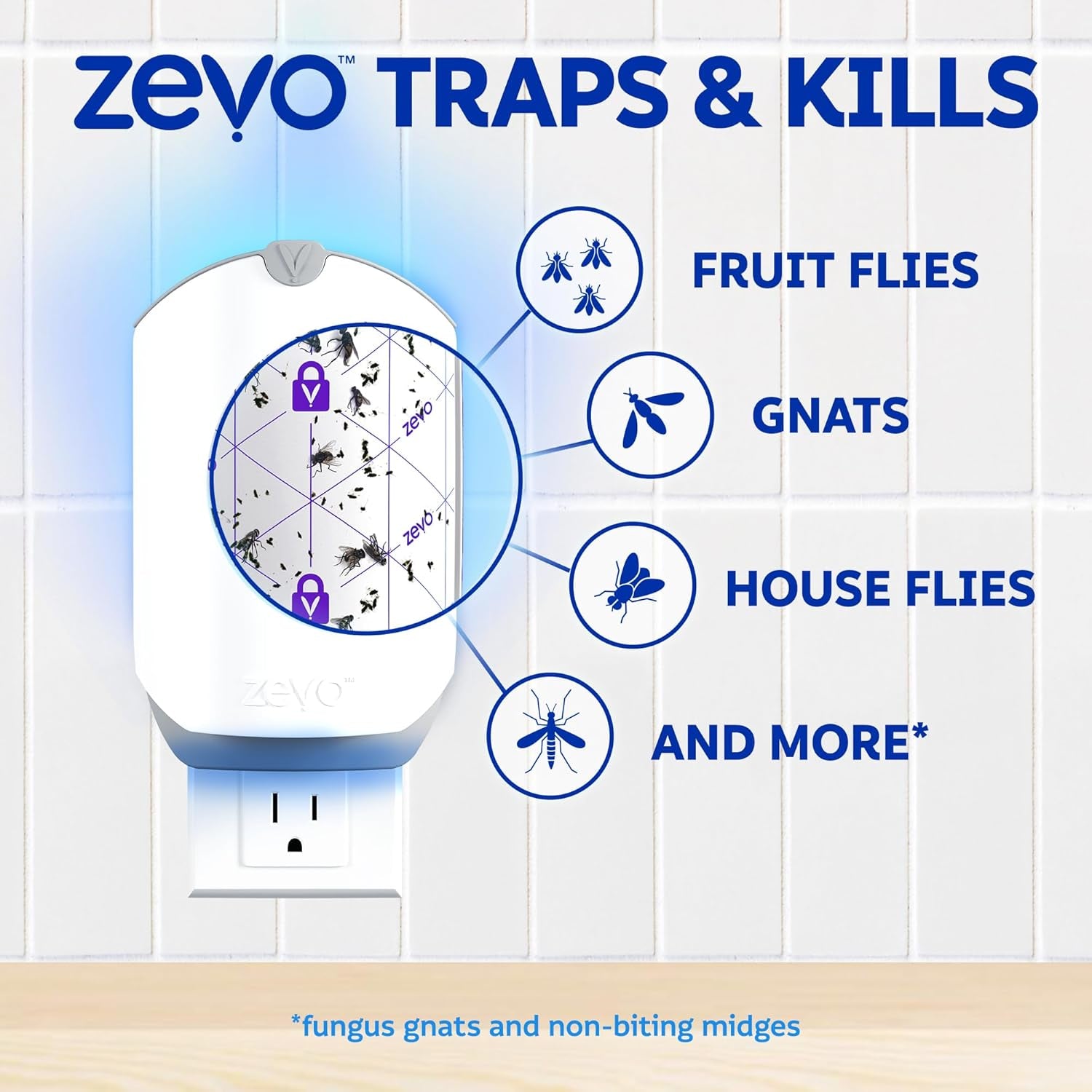 Flying Insect Trap & 3 Refill Cartridges - Plug in Fly Trap & Indoor Bug Catcher for Gnats, House & Fruit Flies - Blue & UV Light Technology, Mess-Free Alternative to Bug Zapper