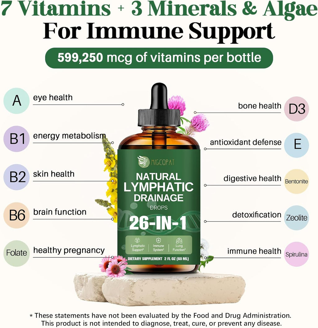 26-In-1 Liposomal Lymphatic Drainage Drops, Echinacea, Turmeric, Elderberry, Dandelion, Vitamins and Mullein Drops for Lungs, Lymphatic, Immune Support, Liver Cleanse Detox & Repair, 2 Fl Oz
