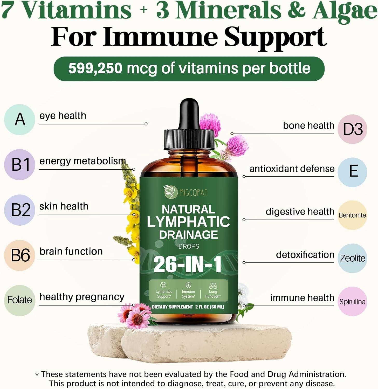 26-In-1 Liposomal Lymphatic Drainage Drops, Echinacea, Turmeric, Elderberry, Dandelion, Vitamins and Mullein Drops for Lungs, Lymphatic, Immune Support, Liver Cleanse Detox & Repair, 2 Fl Oz