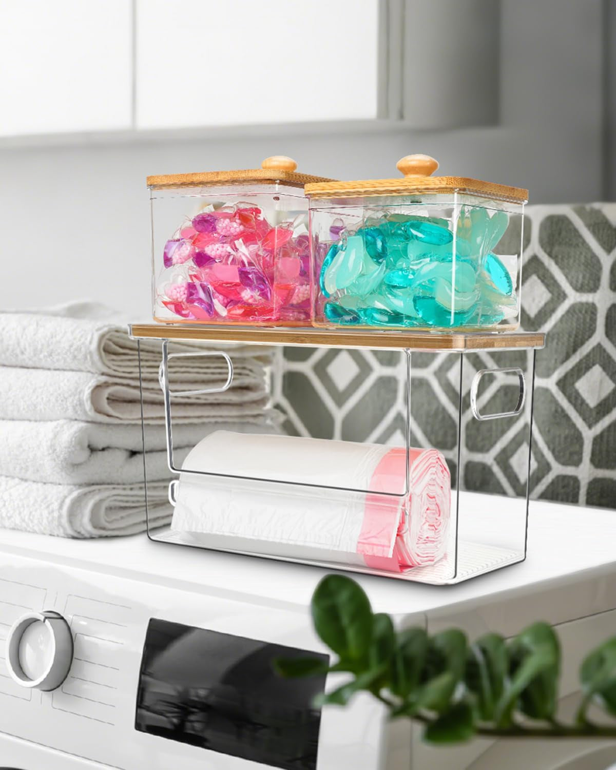 Trash Bag Holder, Acrylic Garbage Bag Dispenser with Bamboo Top, Extra Large Trash Bags Dispenser under Sink for Kitchen, Pantry, Laundry Room, Cabinet Organizer and Storage (1 PACK)
