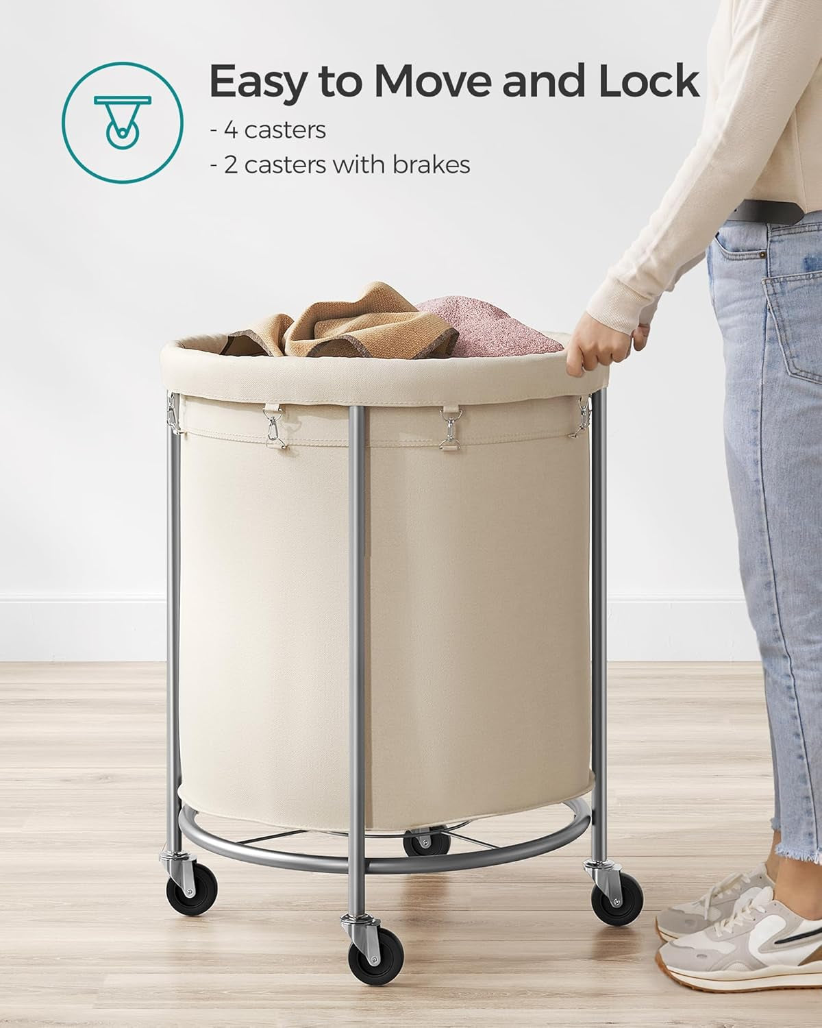 50.2-Gallon (190 L) Laundry Basket with Wheels, Rolling round Heavy-Duty Laundry Hamper Cart with Steel Frame and Removable Bag, 2 Locking Wheels, Cream White and Metallic Silver URLS01MZ