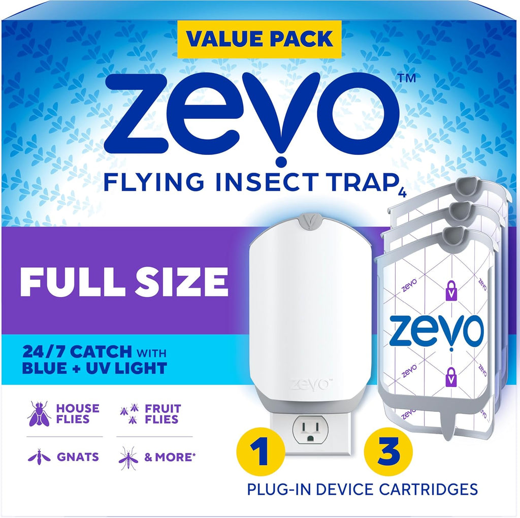 Flying Insect Trap & 3 Refill Cartridges - Plug in Fly Trap & Indoor Bug Catcher for Gnats, House & Fruit Flies - Blue & UV Light Technology, Mess-Free Alternative to Bug Zapper