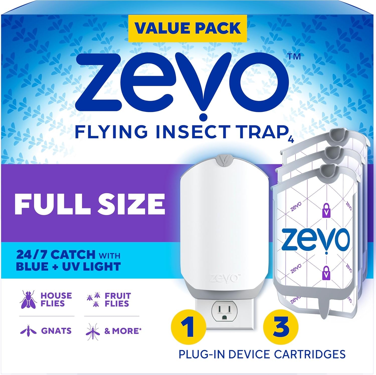 Flying Insect Trap & 3 Refill Cartridges - Plug in Fly Trap & Indoor Bug Catcher for Gnats, House & Fruit Flies - Blue & UV Light Technology, Mess-Free Alternative to Bug Zapper