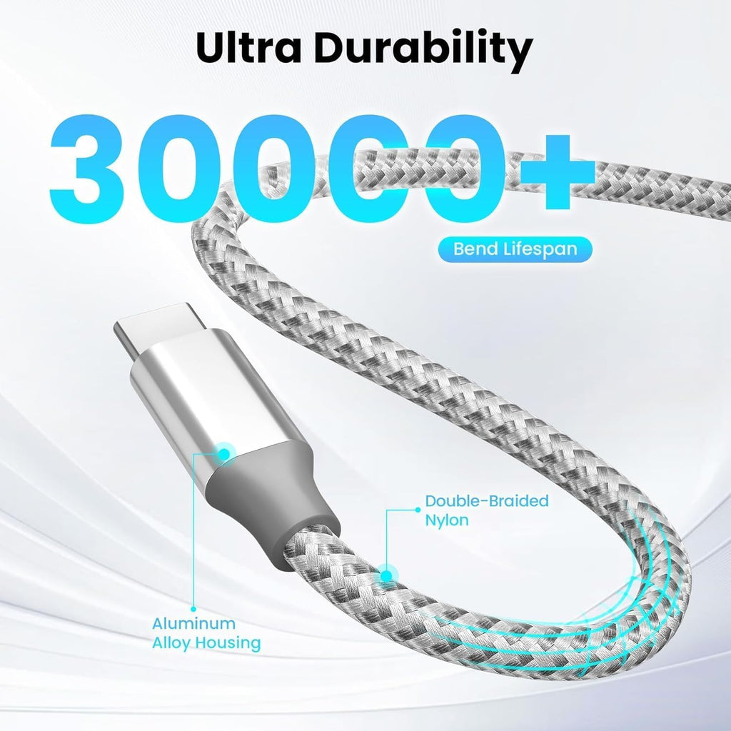 USB C Cable，3 Pack 10FT 60W Fast Charging USB C to USB C Cable, Durable Type C Charger Cable for Iphone 17/16/15/Ipad Macbook Carplay and More-Grey White