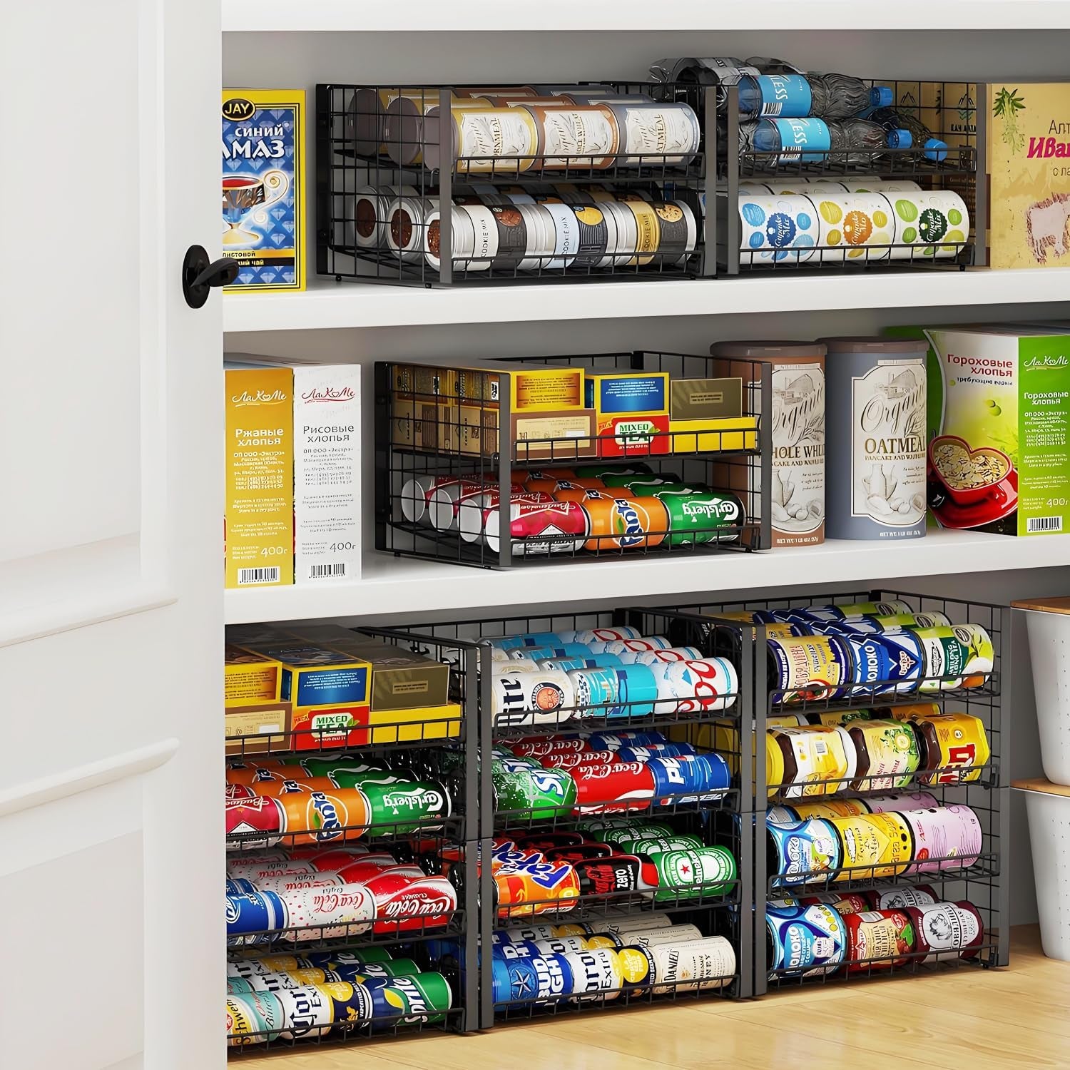 2-Tier Stackable Can Rack Organizer for Pantry, Adjustable Can Dispenser Holds up to 60 Cans, Can Storage Holder for Various Ounces of Canned Food Soda Drinks, Black, 2 Pack