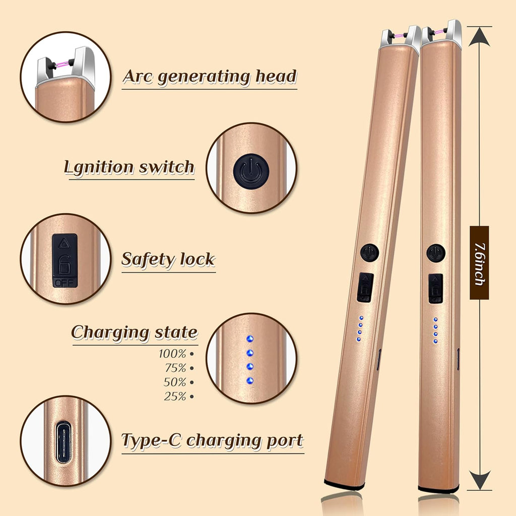 2 PCS Candle Lighter,Windproof Flameless Electric Lighter with LED Power Display ＆ Safety Switch, Upgraded Plasma USB Rechargeable Lighters for Birthday Camping BBQ (Champagne Gold)