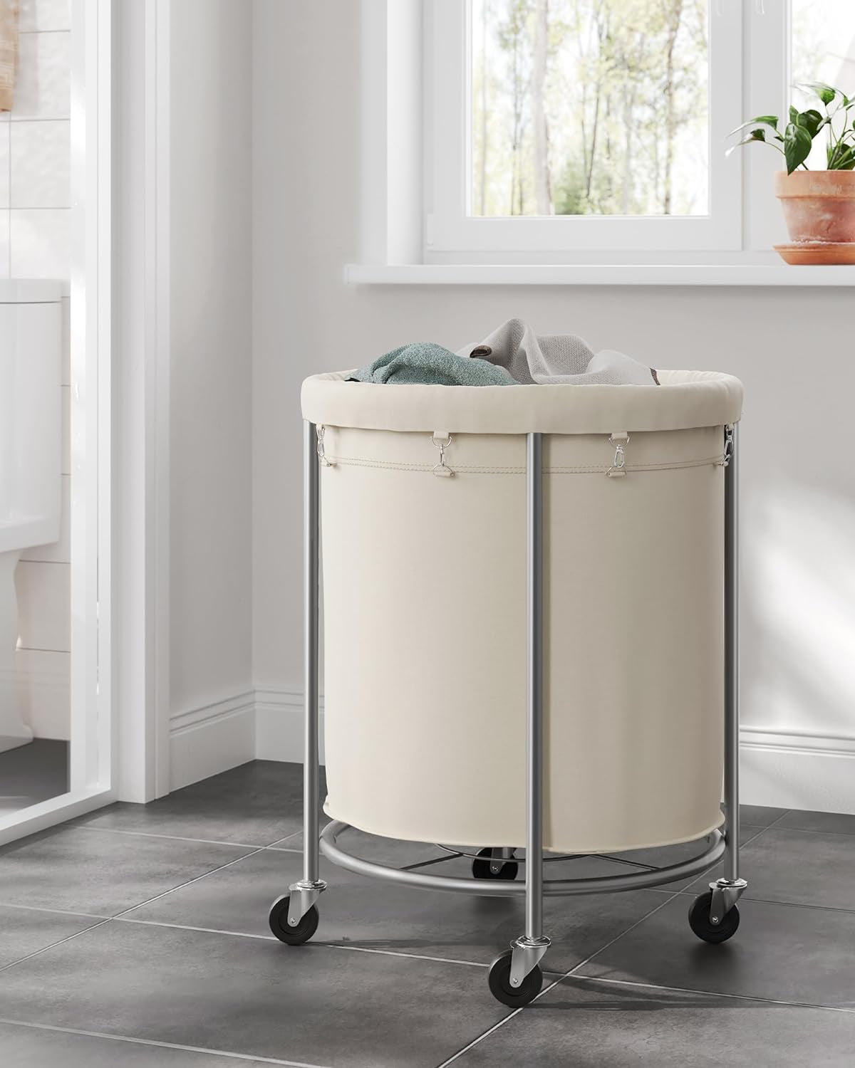 50.2-Gallon (190 L) Laundry Basket with Wheels, Rolling round Heavy-Duty Laundry Hamper Cart with Steel Frame and Removable Bag, 2 Locking Wheels, Cream White and Metallic Silver URLS01MZ