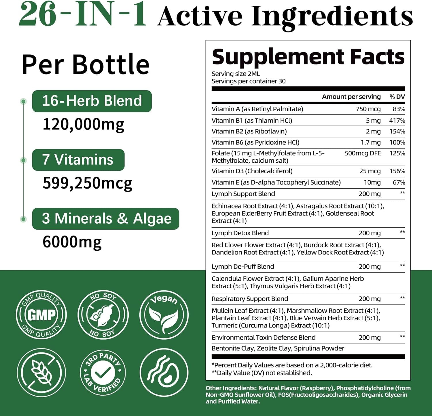 26-In-1 Liposomal Lymphatic Drainage Drops, Echinacea, Turmeric, Elderberry, Dandelion, Vitamins and Mullein Drops for Lungs, Lymphatic, Immune Support, Liver Cleanse Detox & Repair, 2 Fl Oz