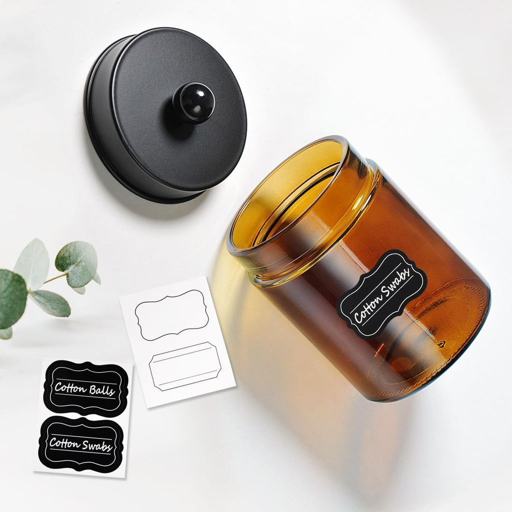 Amber Glass Qtip Holder, Apothecary Jars with Matte Black Metal Lid & Stickers-Bathroom Qtip Dispenser Storage Organizer Set,Vanity Counter Canister for Cotton Swabs,Round Pads,Floss (2 Pack)