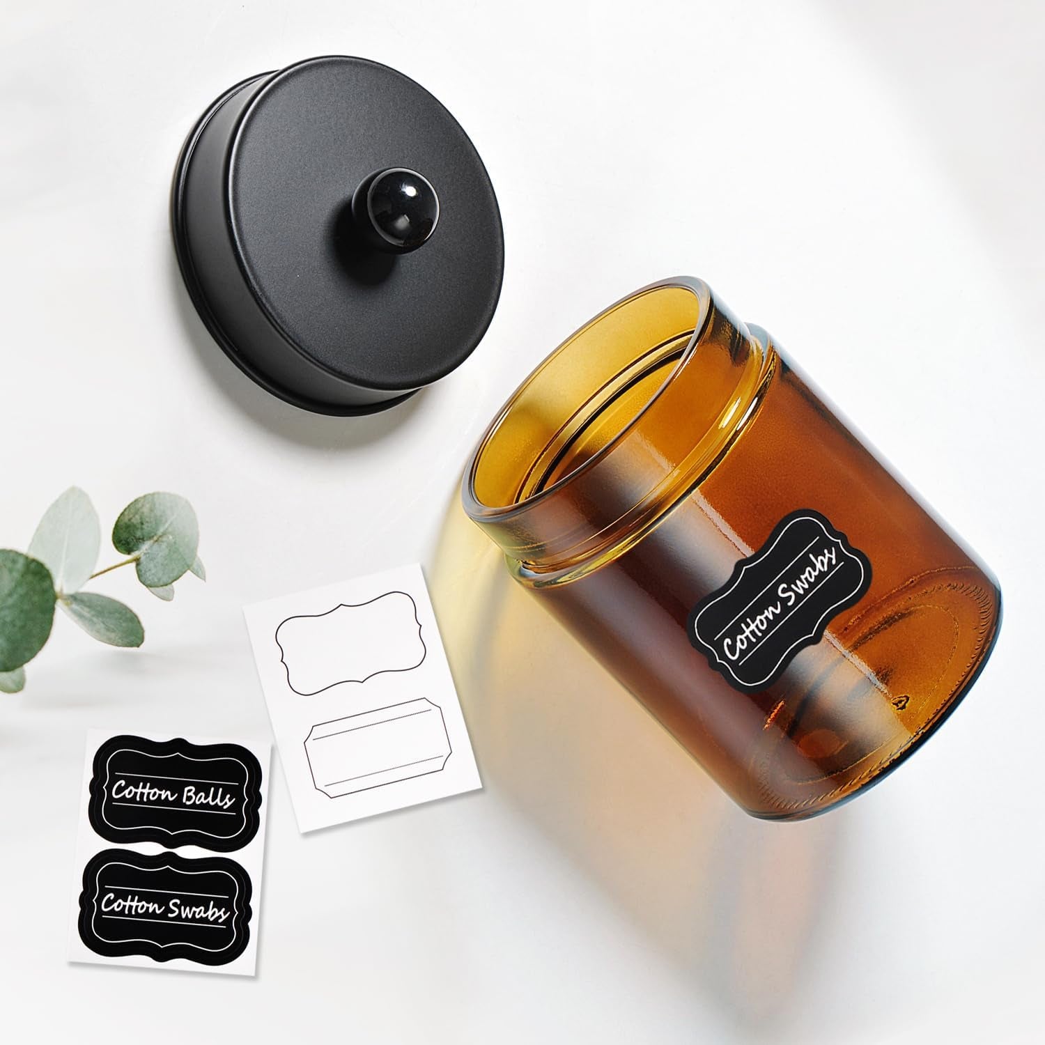 Amber Glass Qtip Holder, Apothecary Jars with Matte Black Metal Lid & Stickers-Bathroom Qtip Dispenser Storage Organizer Set,Vanity Counter Canister for Cotton Swabs,Round Pads,Floss (2 Pack)
