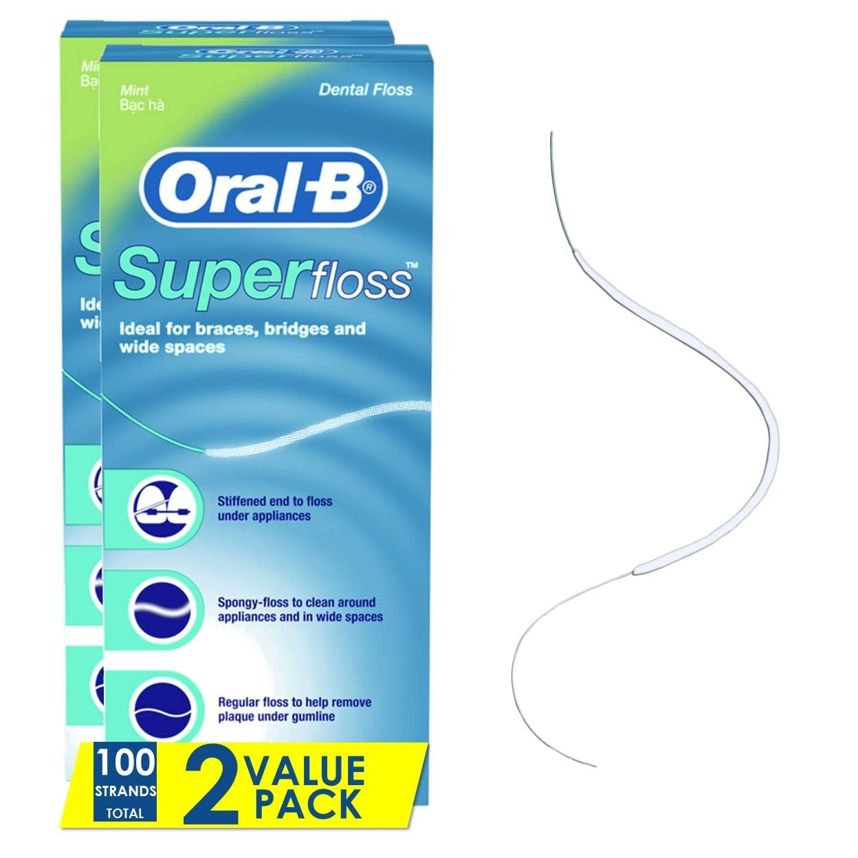 Dental Floss for Braces, Super Floss Pre-Cut Strands, Mint, 50 Count, Pack of 2